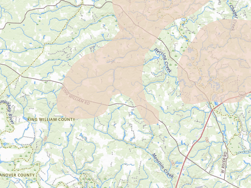 Radar-estimated hail-size map of the storm over Aylett, VA on Jul 18, 2026