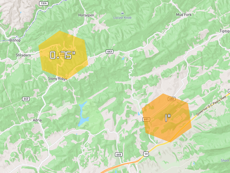 Hail map of Bandy, VA on Jul 28, 2026, hail up to 1"