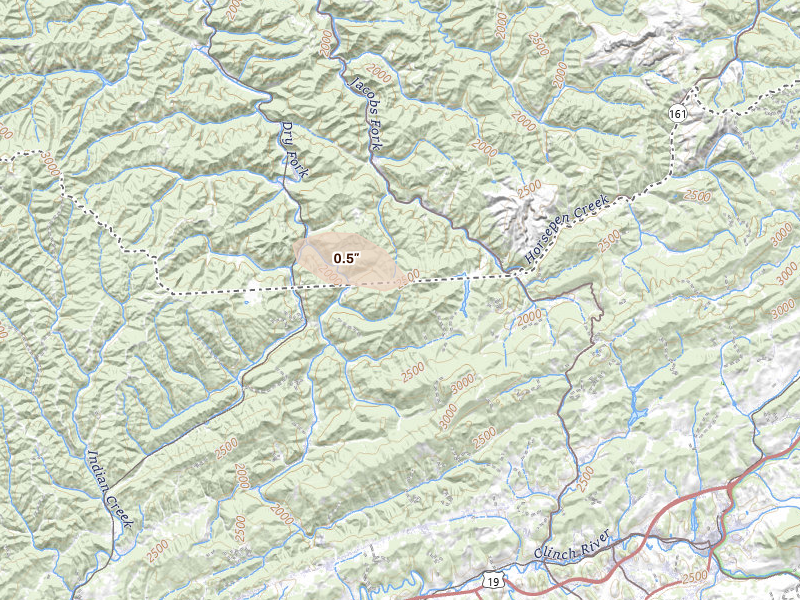 Radar-estimated hail-size map of the storm over Bandy, VA on Aug 6, 2026