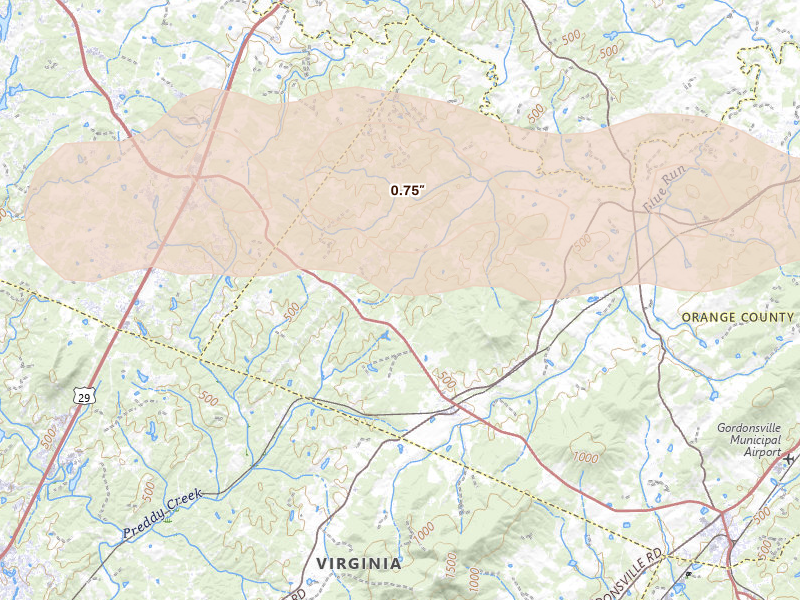Radar-estimated hail-size map of the storm over Barboursville, VA on Aug 22, 2026