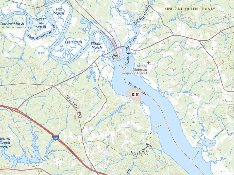 Radar-estimated hail-size map of the storm over Barhamsville, VA on Aug 28, 2026