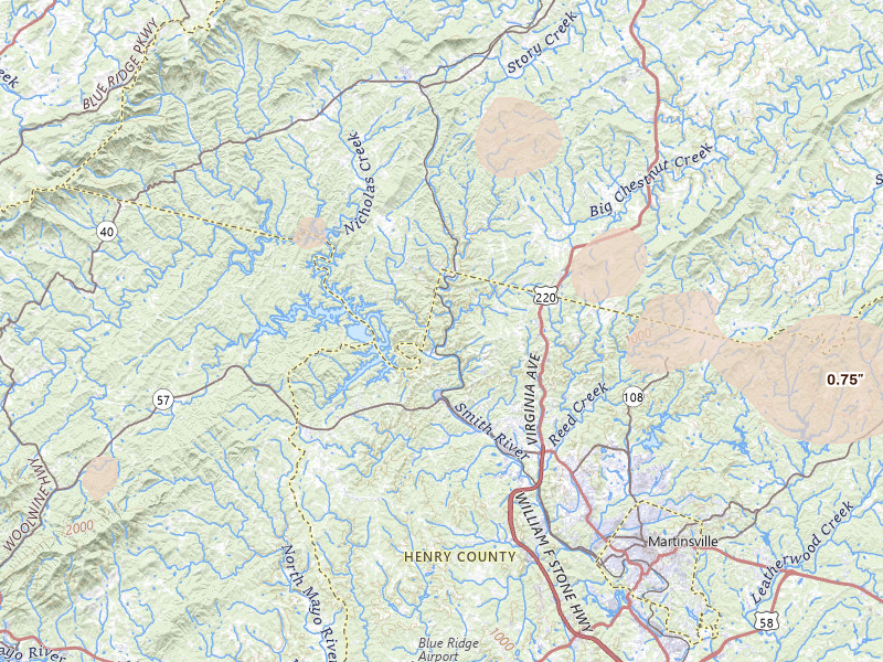 Radar-estimated hail-size map of the storm over Bassett, VA on Aug 22, 2026