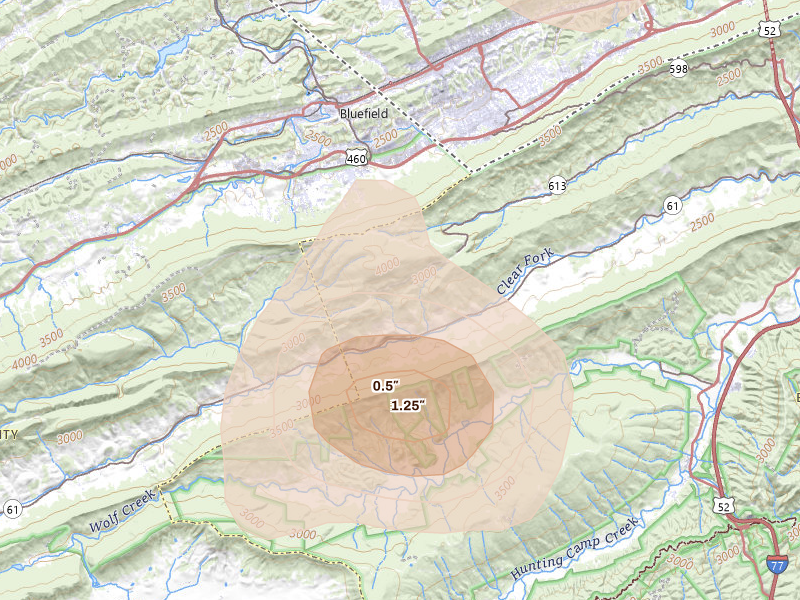 Radar-estimated hail-size map of the storm over Bastian, VA on Jul 4, 2026