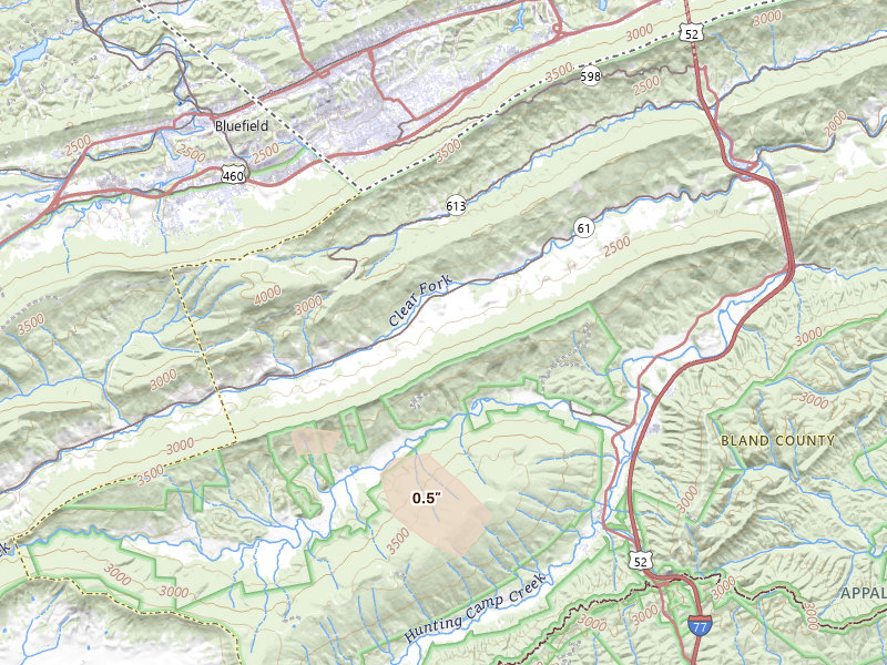 Radar-estimated hail-size map of the storm over Bastian, VA on Aug 22, 2026
