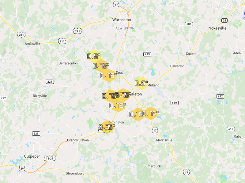 Hail map of Bealeton, VA on Jul 28, 2026, hail up to 0.75"