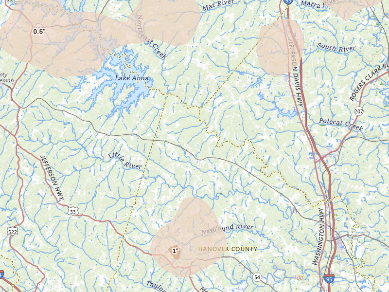 Radar-estimated hail-size map of the storm over Beaverdam, VA on Jul 4, 2026