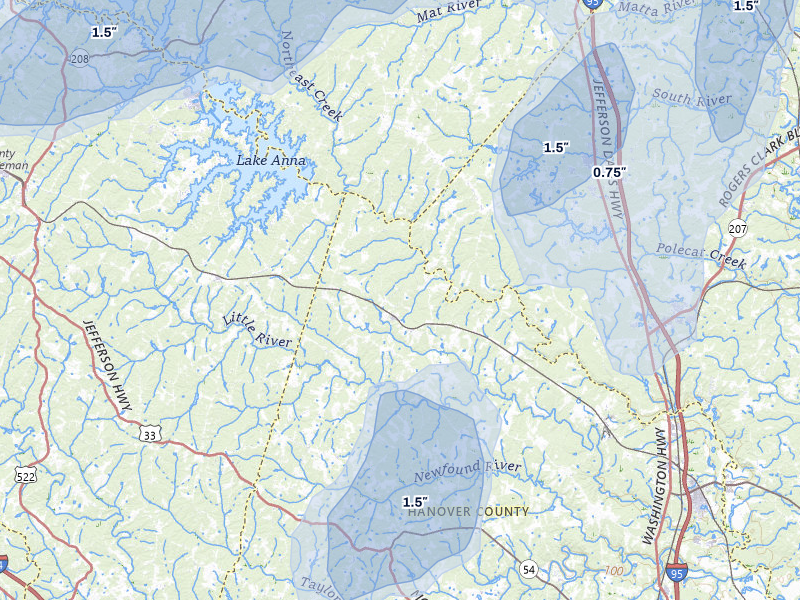 NEXRAD radar-signature map of the hail over Beaverdam, VA