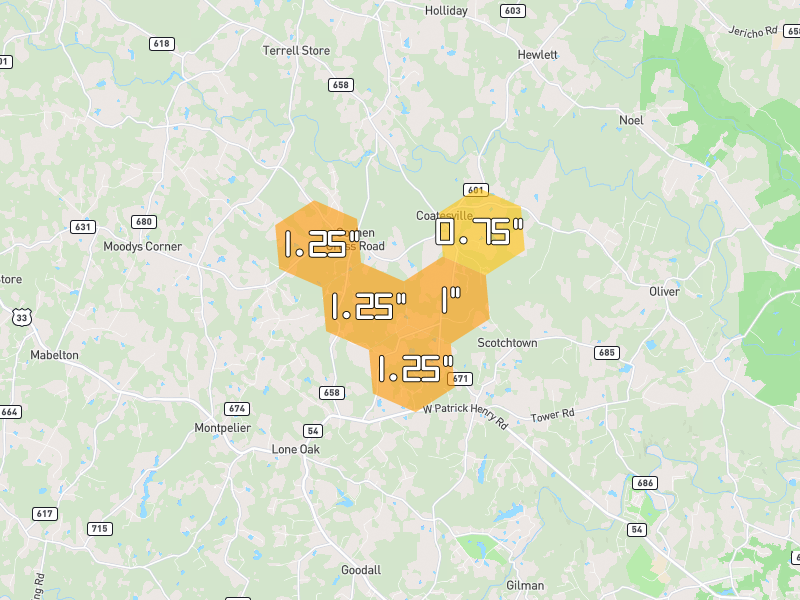 Hail map of Beaverdam, VA on Jul 4, 2026, hail up to 1.25"