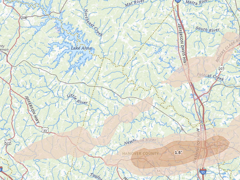 Radar-estimated hail-size map of the storm over Beaverdam, VA on Jul 21, 2026