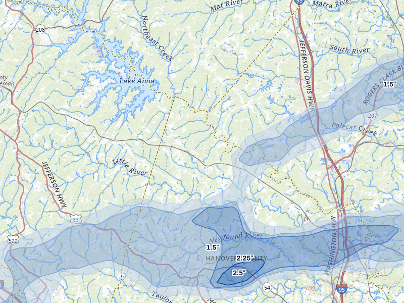 NEXRAD radar-signature map of the hail over Beaverdam, VA