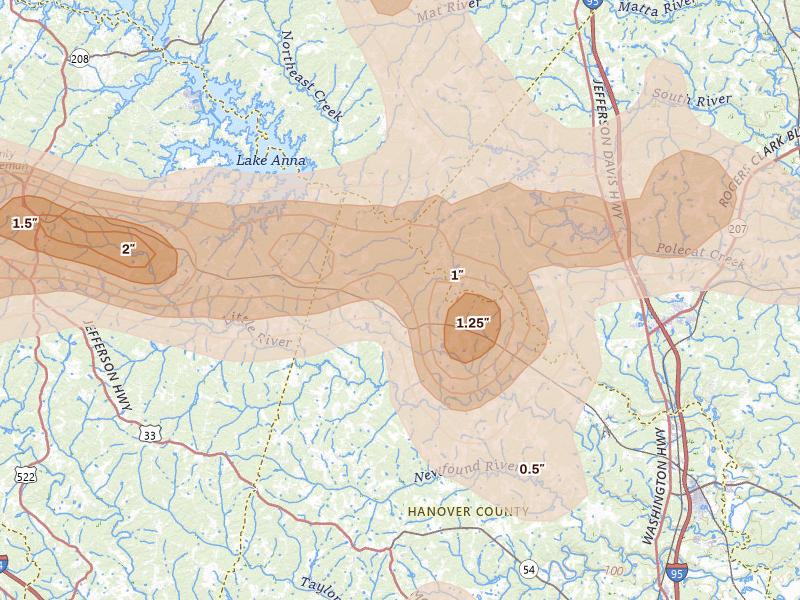 Radar-estimated hail-size map of the storm over Beaverdam, VA on Jul 26, 2026