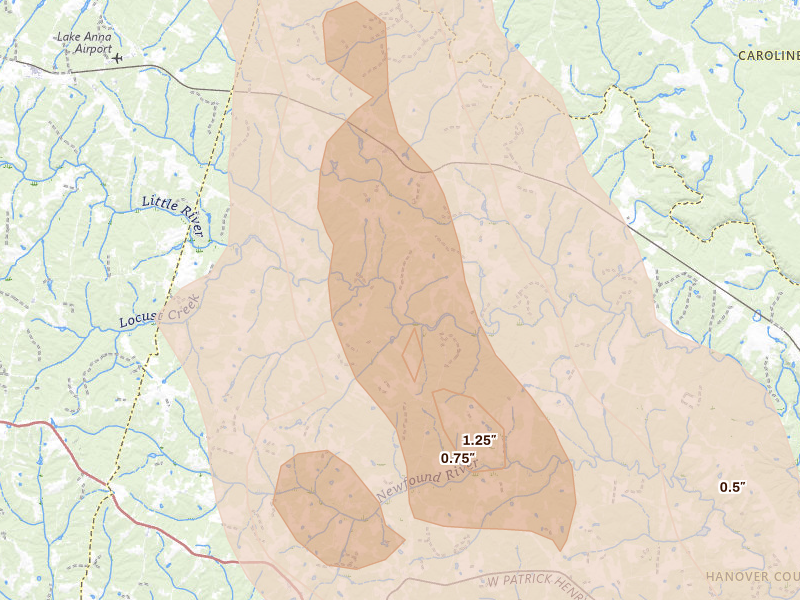 Radar-estimated hail-size map of the storm over Beaverdam, VA on Sep 4, 2026