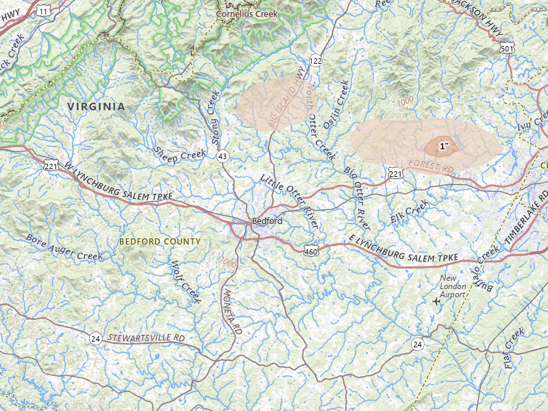 Radar-estimated hail-size map of the storm over Bedford, VA on Apr 1, 2026