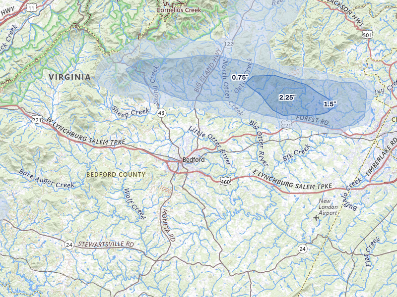 NEXRAD radar-signature map of the hail storm over Bedford, VA on Apr 1, 2026