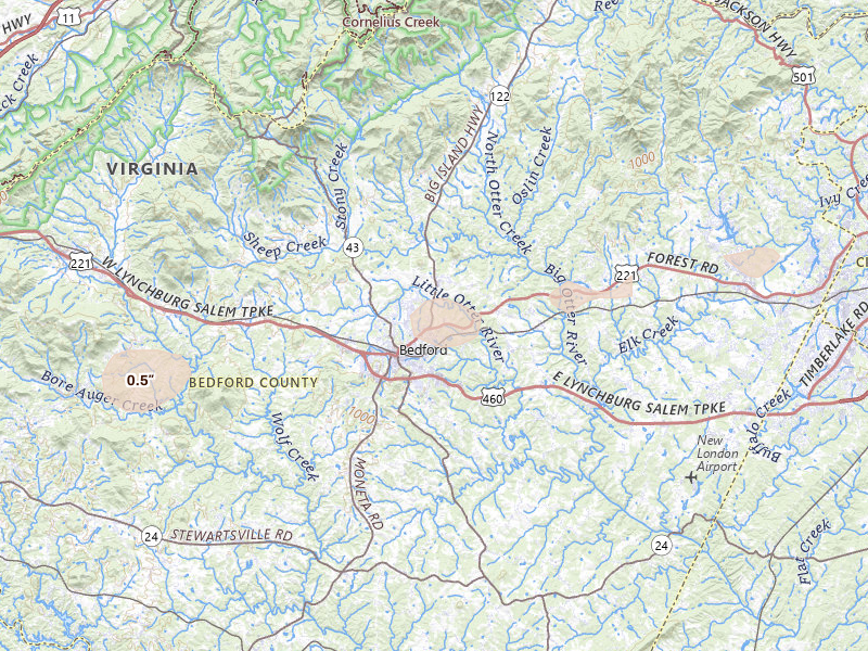 Radar-estimated hail-size map of the storm over Bedford, VA on Jun 12, 2026