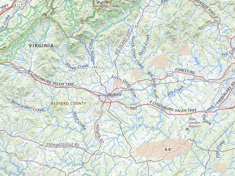 Radar-estimated hail-size map of the storm over Bedford, VA on Jul 21, 2026