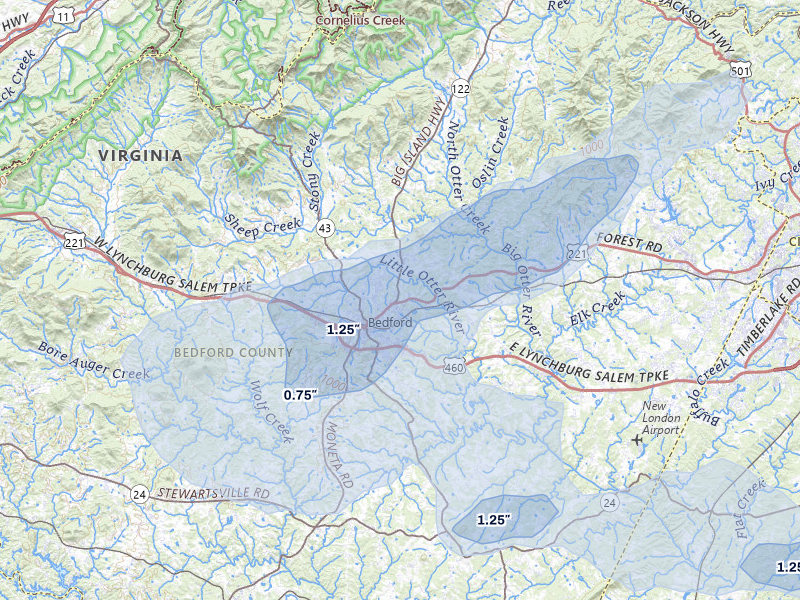 NEXRAD radar-signature map of the hail over Bedford, VA