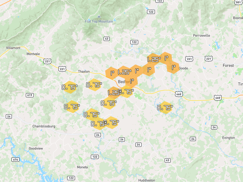 Hail map of Bedford, VA on Jul 21, 2026, hail up to 1.25"