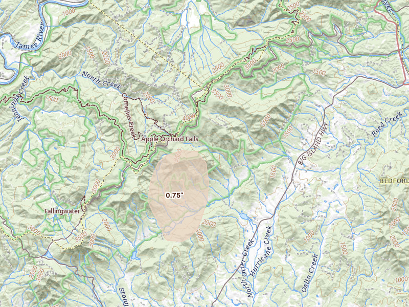 Radar-estimated hail-size map of the storm over Bedford, VA on Aug 6, 2026