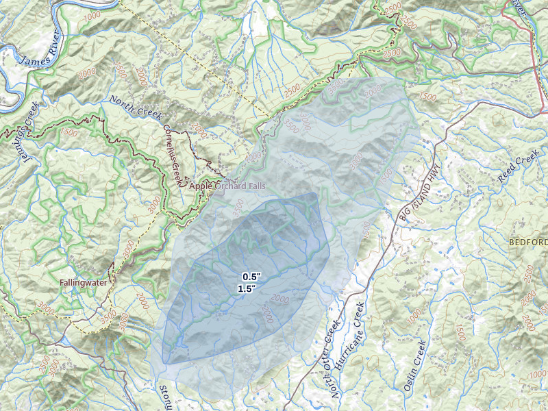 NEXRAD radar-signature map of the hail storm over Bedford, VA on Aug 6, 2026