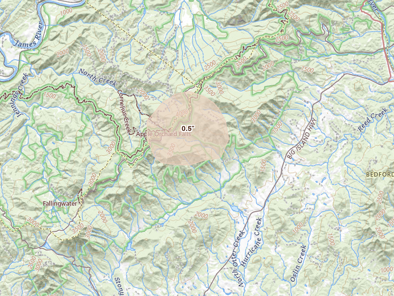 Radar-estimated hail-size map of the storm over Bedford, VA on Aug 14, 2026