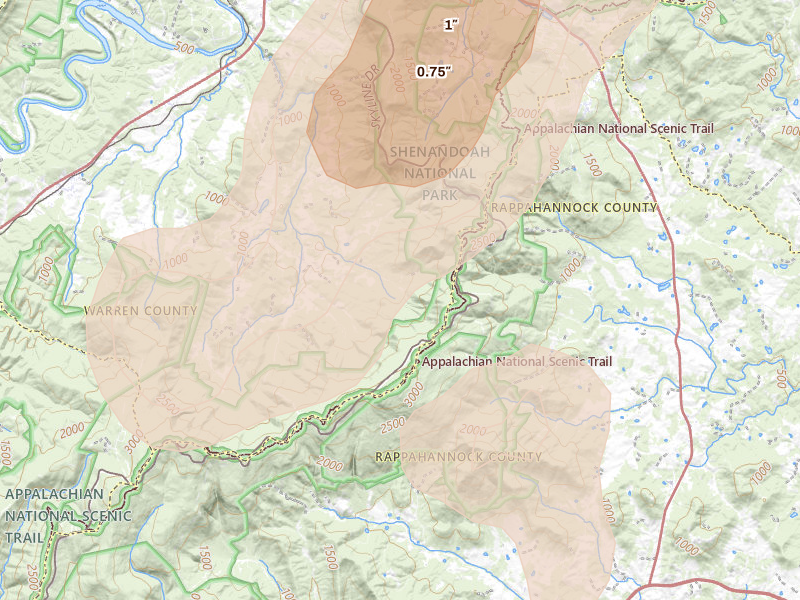 Radar-estimated hail-size map of the storm over Bentonville, VA on Jul 4, 2026