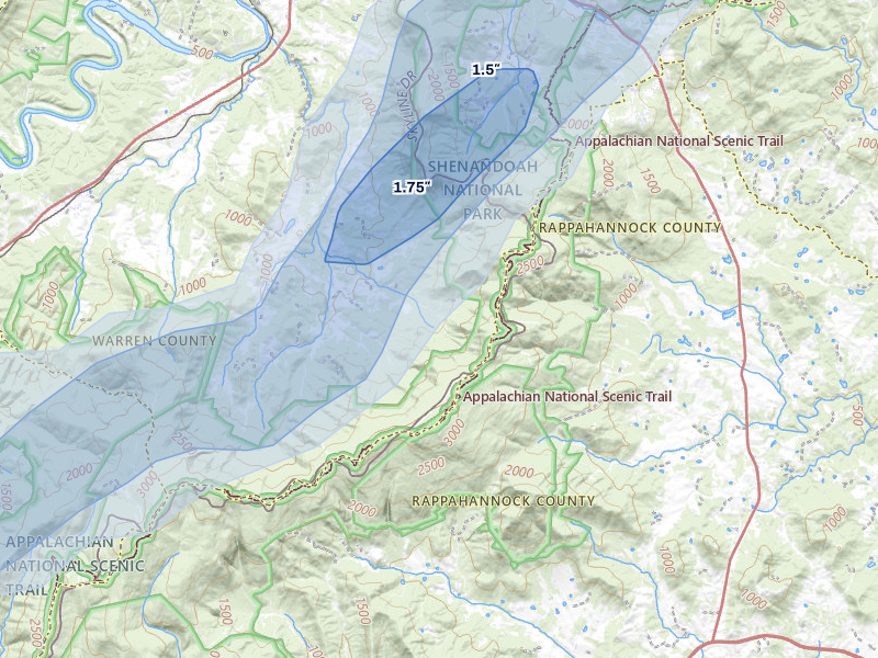 NEXRAD radar-signature map of the hail over Bentonville, VA
