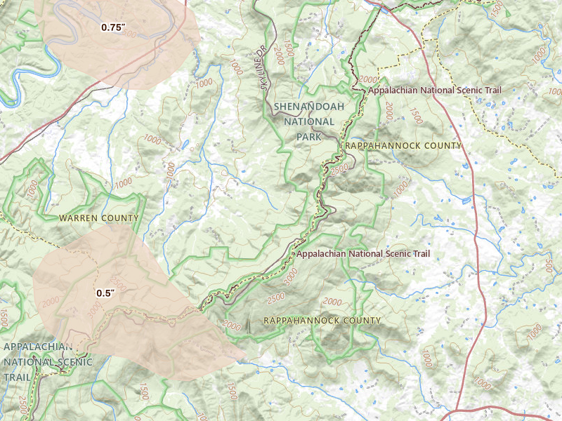 Radar-estimated hail-size map of the storm over Bentonville, VA on Aug 27, 2026