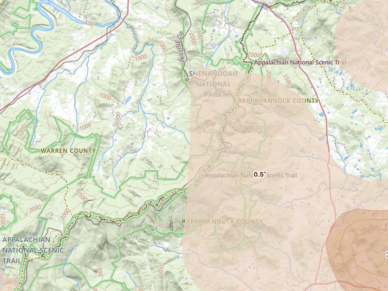 Radar-estimated hail-size map of the storm over Bentonville, VA on Sep 2, 2026