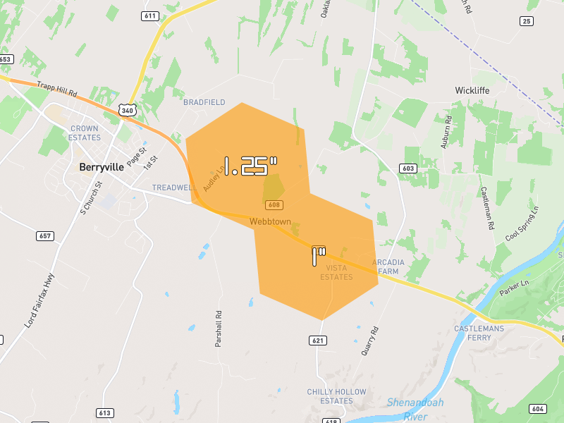Hail map of Berryville, VA on Jul 4, 2026, hail up to 1.25"