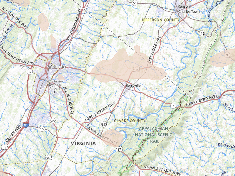 Radar-estimated hail-size map of the storm over Berryville, VA on Jul 28, 2026