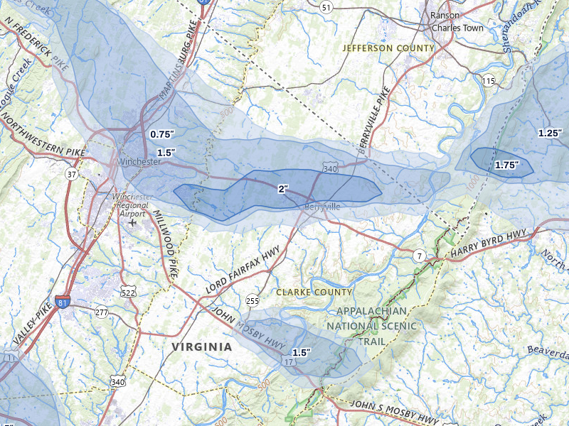 NEXRAD radar-signature map of the hail storm over Berryville, VA on Jul 28, 2026