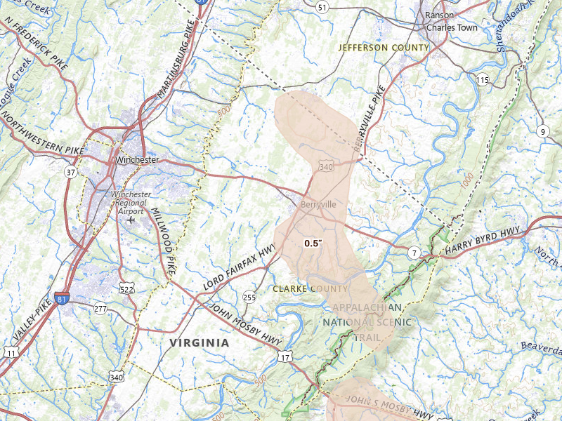 Radar-estimated hail-size map of the storm over Berryville, VA on Sep 2, 2026