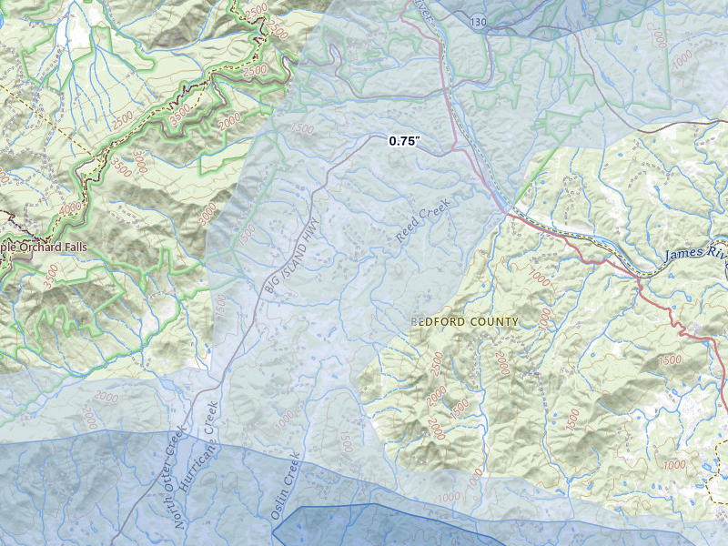 NEXRAD radar-signature map of the hail storm over Big Island, VA on Apr 1, 2026