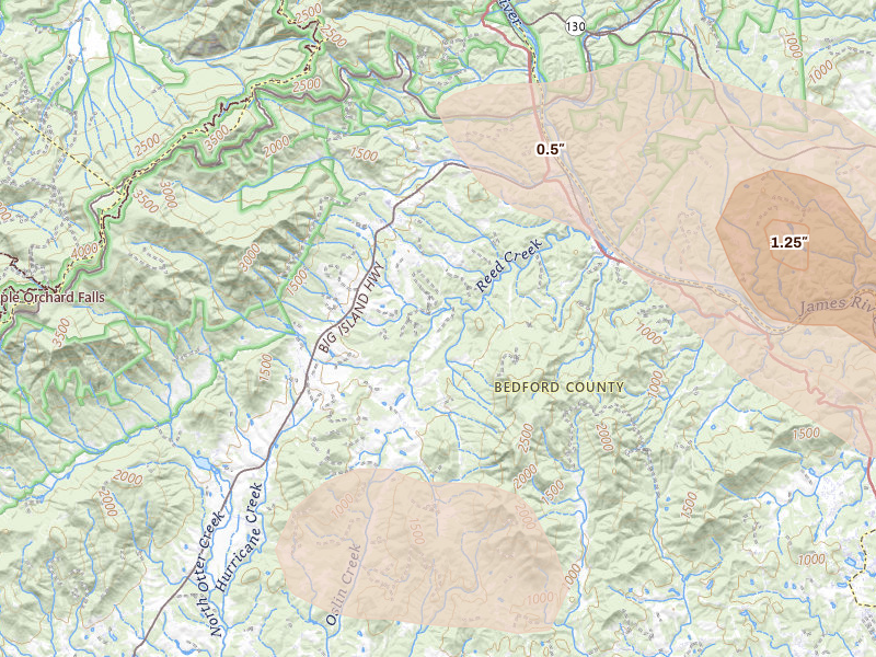 Radar-estimated hail-size map of the storm over Big Island, VA on May 27, 2026