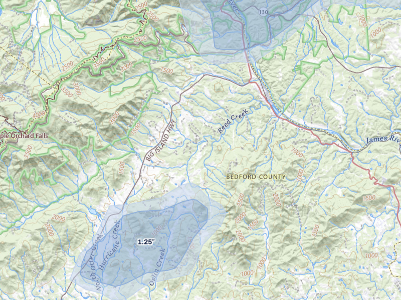 NEXRAD radar-signature map of the hail over Big Island, VA