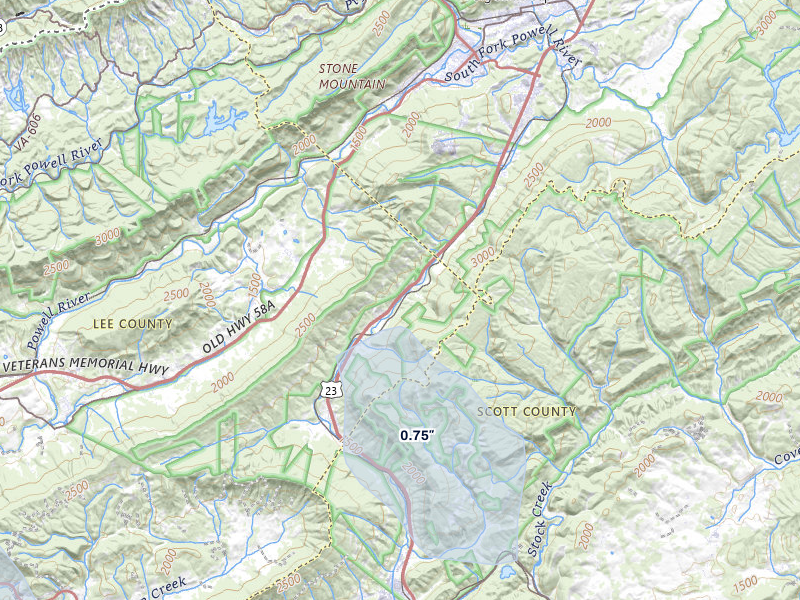 NEXRAD radar-signature map of the hail storm over Big Stone Gap, VA on Jul 28, 2026