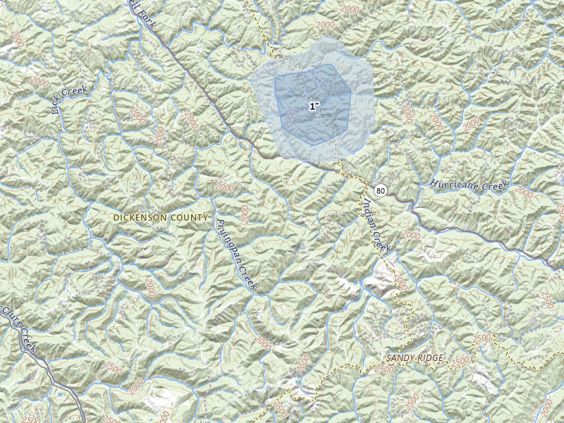 NEXRAD radar-signature map of the hail storm over Birchleaf, VA on Aug 6, 2026