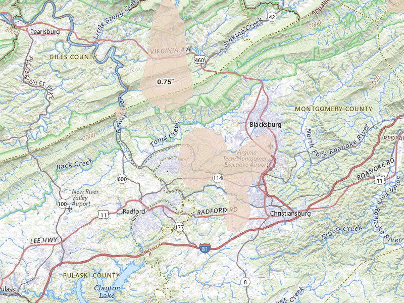 Radar-estimated hail-size map of the storm over Blacksburg, VA on Jul 4, 2026