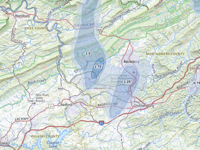 NEXRAD radar-signature map of the hail over Blacksburg, VA