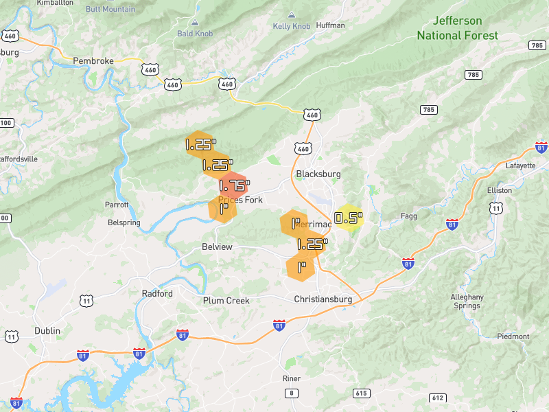 Hail map of Blacksburg, VA on Jul 4, 2026, hail up to 1.75"