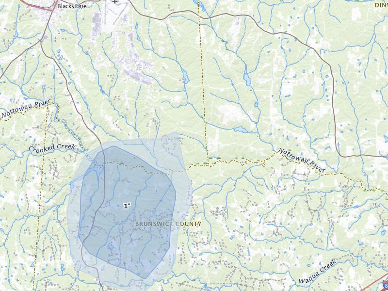NEXRAD radar-signature map of the hail storm over Blackstone, VA on Jul 5, 2026