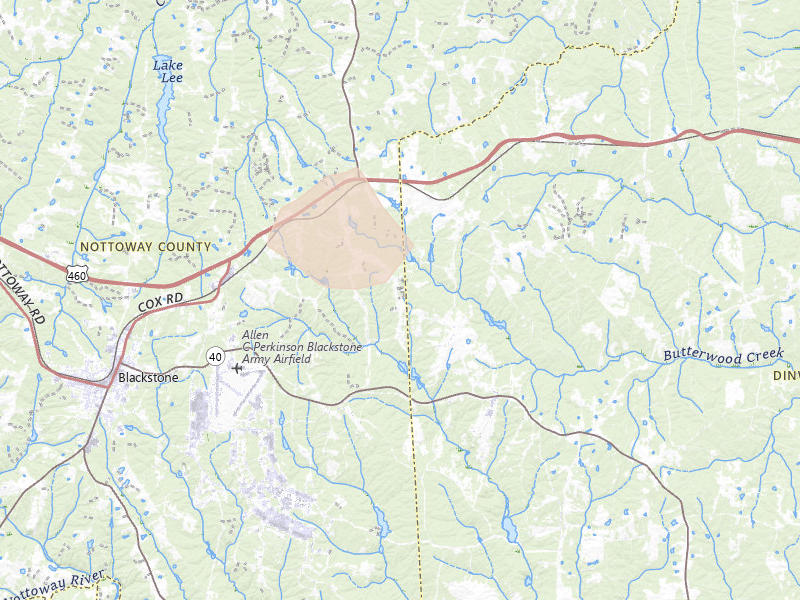 Radar-estimated hail-size map of the storm over Blackstone, VA on Aug 10, 2026
