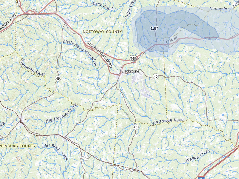 NEXRAD radar-signature map of the hail storm over Blackstone, VA on Aug 10, 2026
