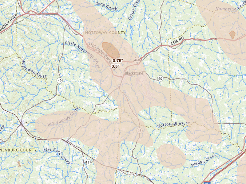 Radar-estimated hail-size map of the storm over Blackstone, VA