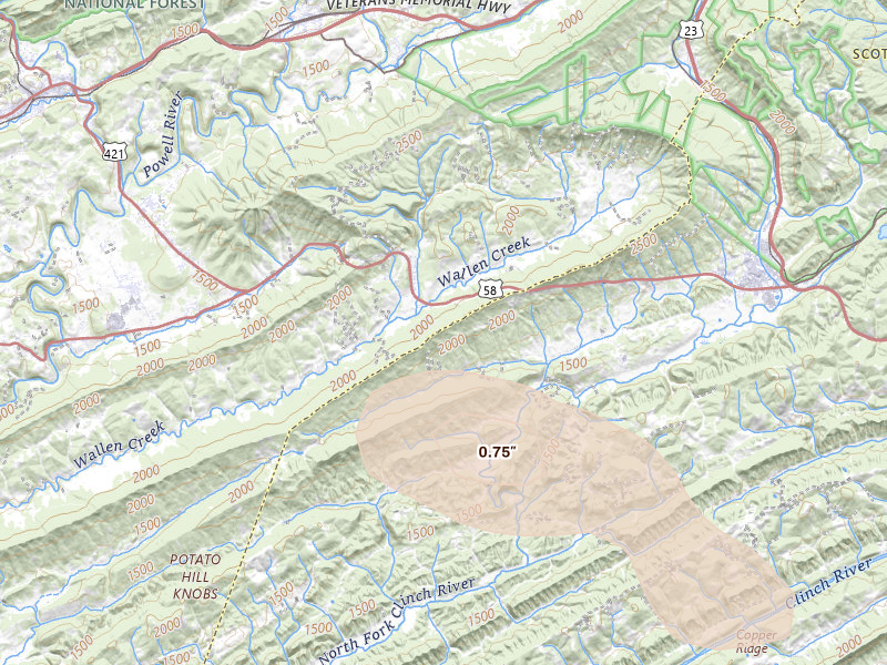 Radar-estimated hail-size map of the storm over Blackwater, VA on Aug 12, 2026