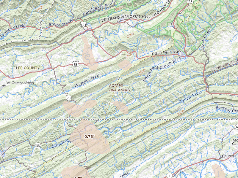 Radar-estimated hail-size map of the storm over Blackwater, VA