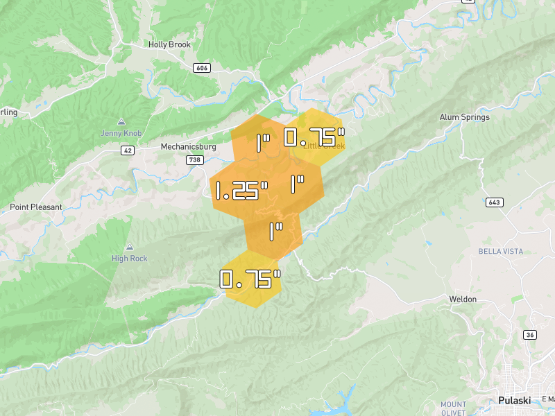 Hail map of Bland, VA on Jul 4, 2026, hail up to 1.25"
