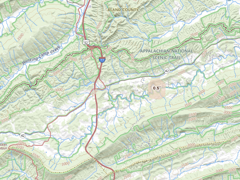 Radar-estimated hail-size map of the storm over Bland, VA on Aug 9, 2026
