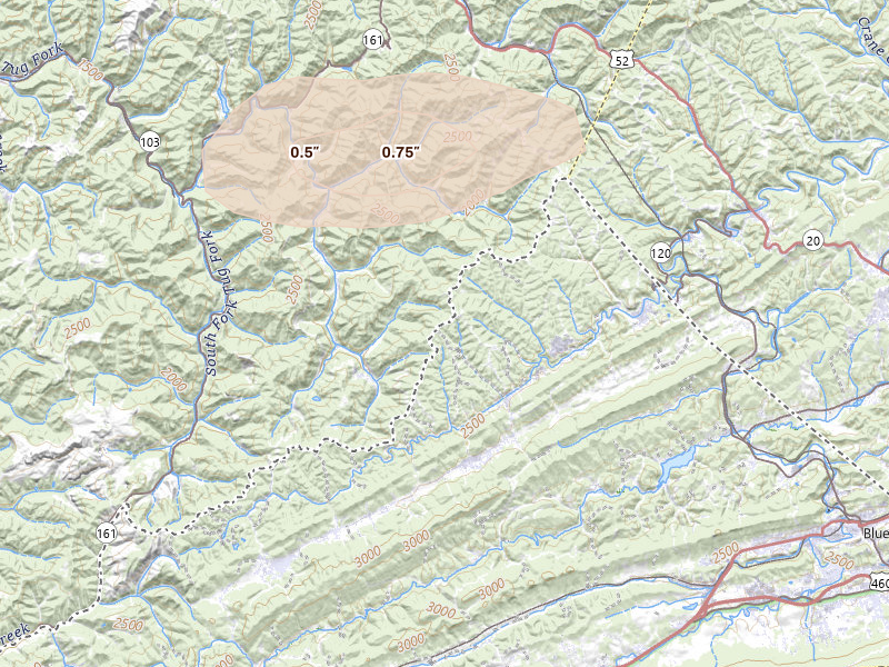 Radar-estimated hail-size map of the storm over Boissevain, VA on Apr 1, 2026